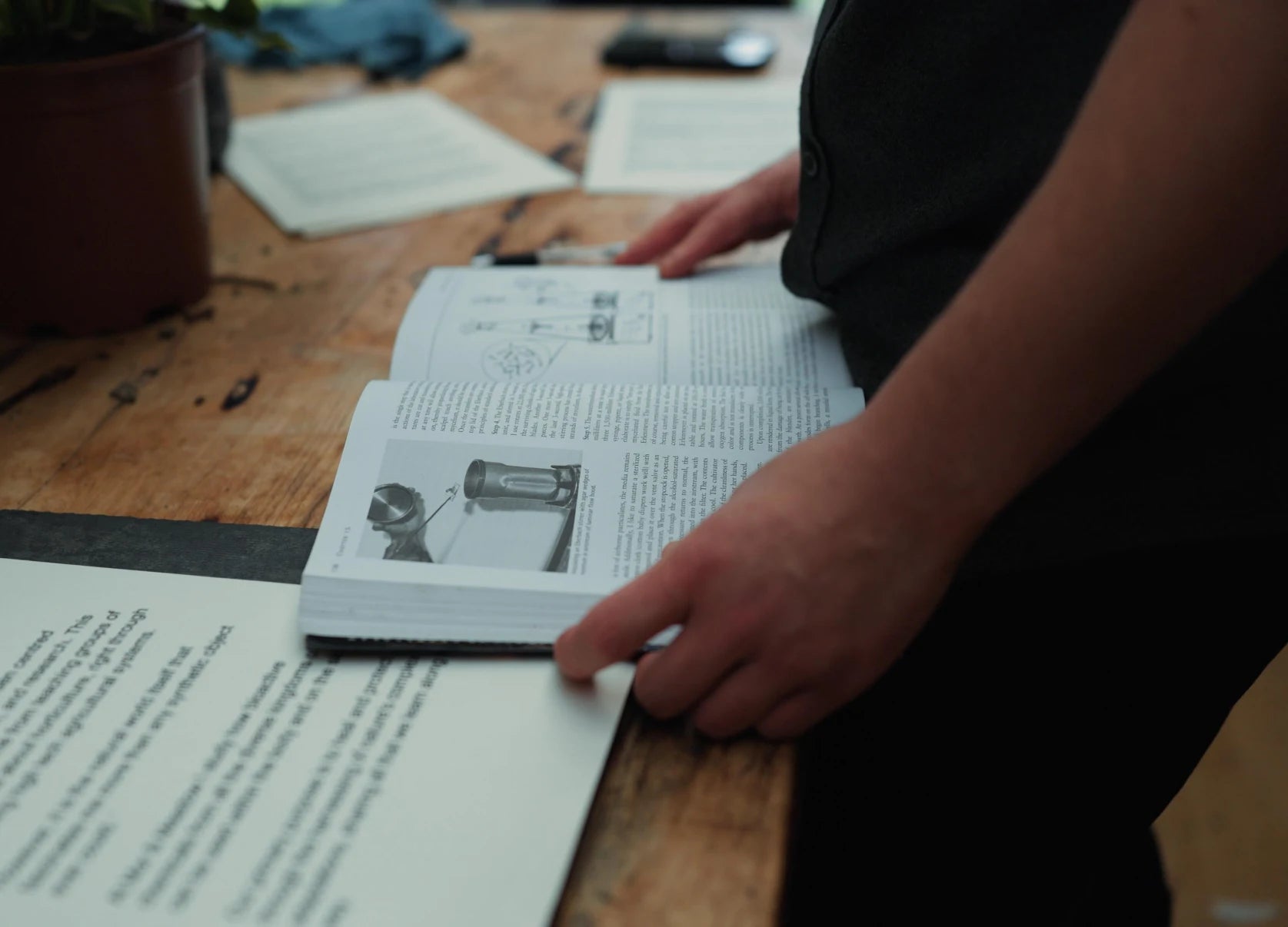 Reading a plant-science reference in the studio